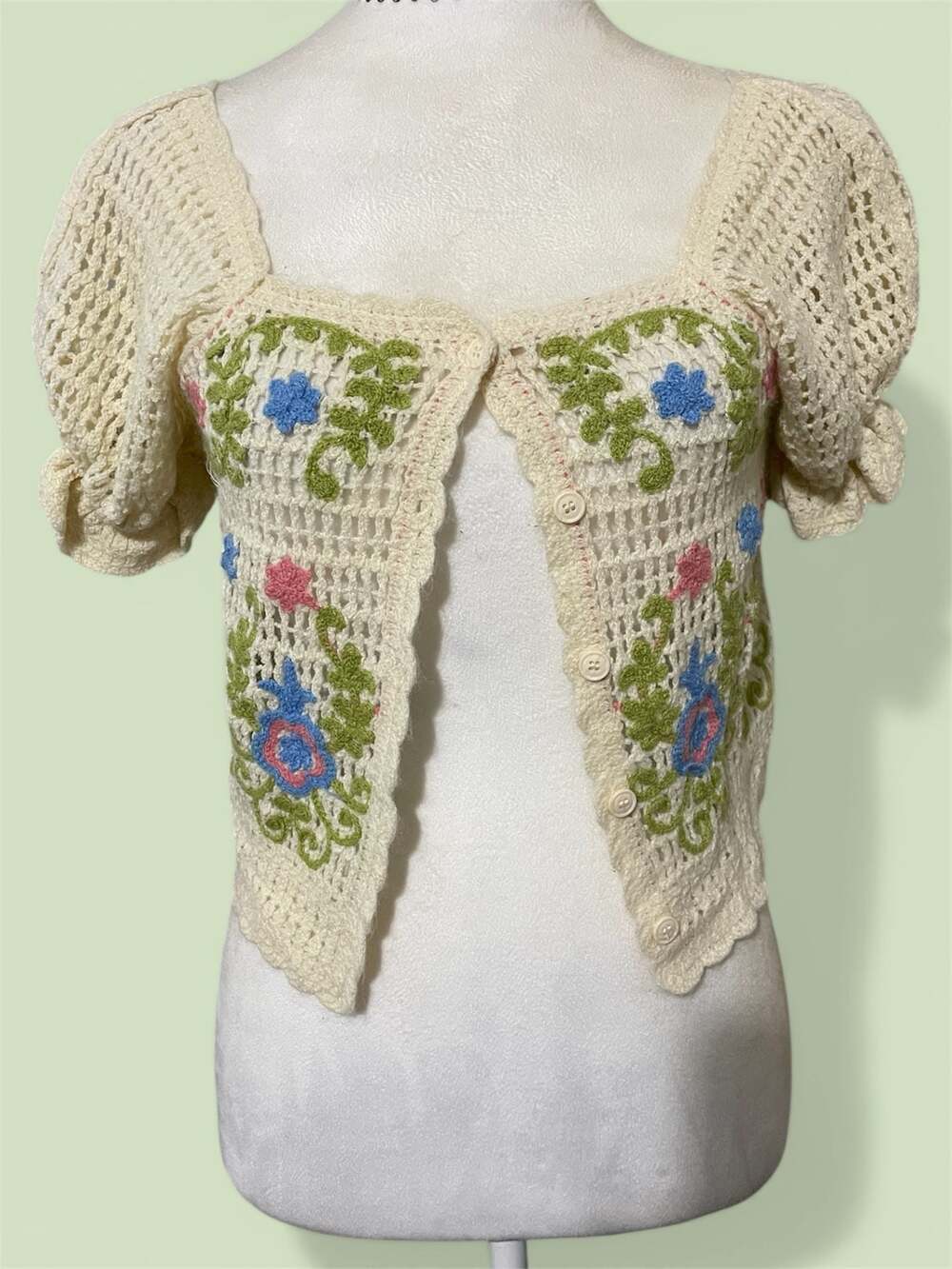 Vintage Cream Crochet Floral Embroidered Puff Sleeve Crop Cardigan
